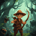 a hunter with a straw hat and a bow, in a menacing forest filled will strange beasts