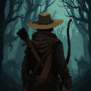 a hunter with a straw hat, a long scarf and a bow, in a menacing forest filled will strange beasts. hunter seen from far away. in the style of a romantic painting. dark, moody, melancholic.