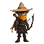 hunter with a strange flat straw hat, a long yellow scarf and a bow, dark and moody. very menacing, beautiful elfic, colorful clothes