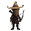 hunter with a strange flat straw hat, a long scarf and a bow, dark and moody. very menacing