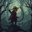 10 pixels hunter with a straw hat, a long scarf and a bow, in a menacing forest filled will strange beasts. seen from atop a tree. in the style of a romantic painting. dark, moody, melancholic.