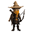 hunter with a strange flat straw hat, a long yellow scarf and a bow, dark and moody. very menacing, beautiful elfic clothes
