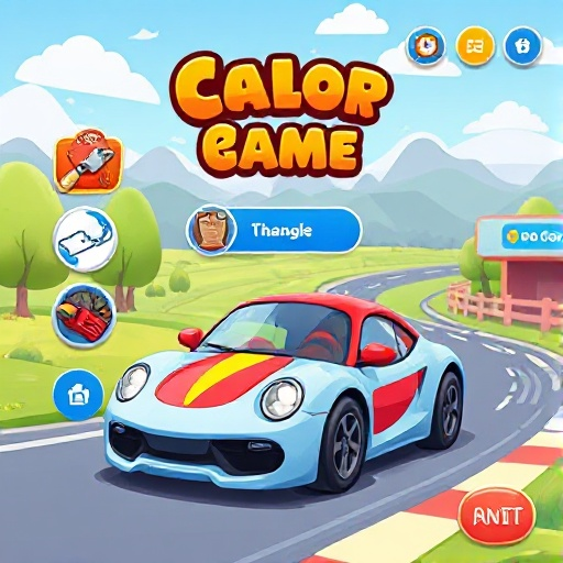 home screen, car game menu and educational game, race of colors, 2d