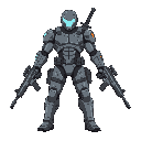 high tech, agile suit, with two uzzi guns on each leg & a sword in the back the