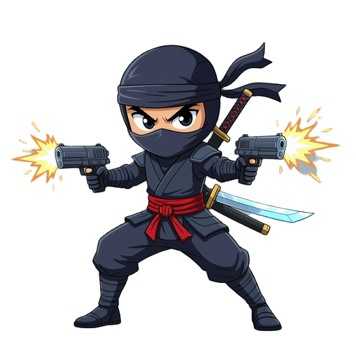 futuristic ninja that has two mp4 guns on both legs, & a sword in the back, & looks very confident of himself, the sword is made of energy & leaves a blast behind, while he can jump in a rolling form