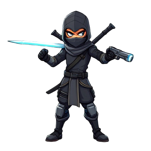 futuristic ninja that has two mp4 guns on both legs, & a sword in the back, & looks very confident of himself, the sword is made of energy & leaves a blast behind, while he can jump in a rolling form
