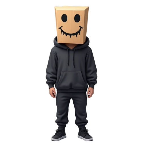 a man standing straight, wearing a black hoodie with the hood up, black sweatpants, and black sneakers. his head is covered with a brown paper bag that has a creepy smiling face drawn on it.