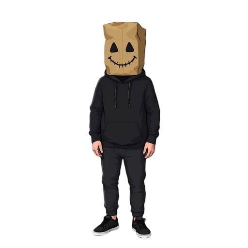 a man standing straight, wearing a black hoodie with the hood up, black sweatpants, and black sneakers. his head is covered with a brown paper bag that has a creepy smiling face drawn on it.