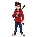 young man wearing a red hoodie and blue pants with a katana on the back and a pistol in the holdster