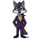 a wolf male dressed in a formal purple lawyer suit along with a yellow tie, he has bangs that completely cover his left eye along with a long ponytail
