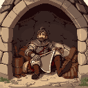 genera una imagen de un caballero medieval descansando en una hoguera. el caballero debe ocupar el centro de la escena pero poco espacio. 