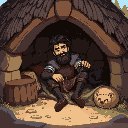 genera una imagen de un caballero medieval descansando en una hoguera. 