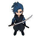 um homem de cabelo cumprido azul-escuro com um sobretudo preto com detalhes dourados carregando uma katana