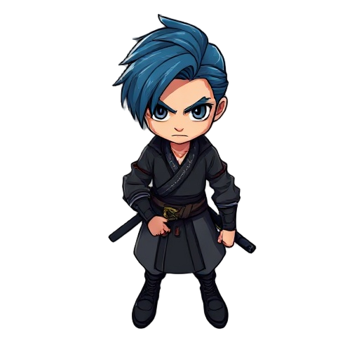 um homem de cabelo cumprido azul-escuro com um sobretudo preto com detalhes dourados carregando uma katana