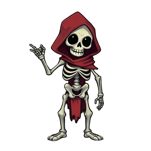 cartoon skeleton mage with tattered red clothes