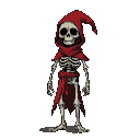 cartoon skeleton mage with tattered red clothes