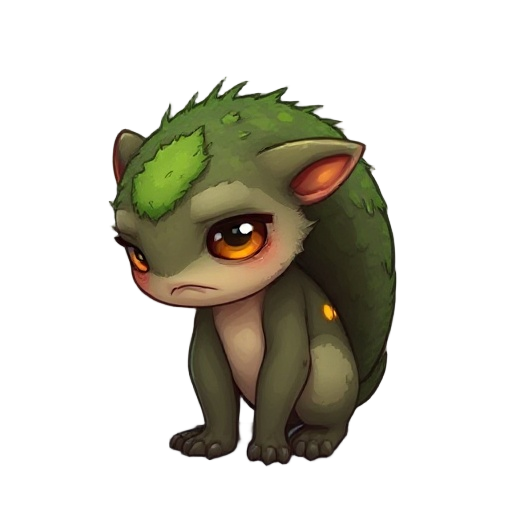 "a small, slouched, fantasy forest creature with a large, rounded back and big sad eyes. its posture is low and curled as if burdened by emotion. covered in soft mossy fur, glowing accents on its ches