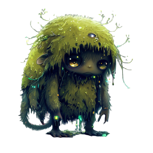 "a small, slouched, fantasy forest creature with a large, rounded back and big sad eyes. its posture is low and curled as if burdened by emotion. covered in soft mossy fur, glowing accents on its ches