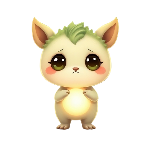 "a soft, glowing forest spirit creature with big sad eyes, round body, long ears or mossy tufts, a glowing chest core, and a gentle fantasy atmosphere. background transparent. cute but mysterious."