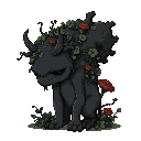 sad, dark forest creature with a large rounded back, animal-like, covered in plants and mushrooms, slouched posture, full body, simplified style, 2d sprite, transparent background