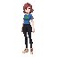 i would like a female character with hair (rgb #ca8d60), blue blouse with a green symbol on the left chest, black pants and beige sneakers in idle