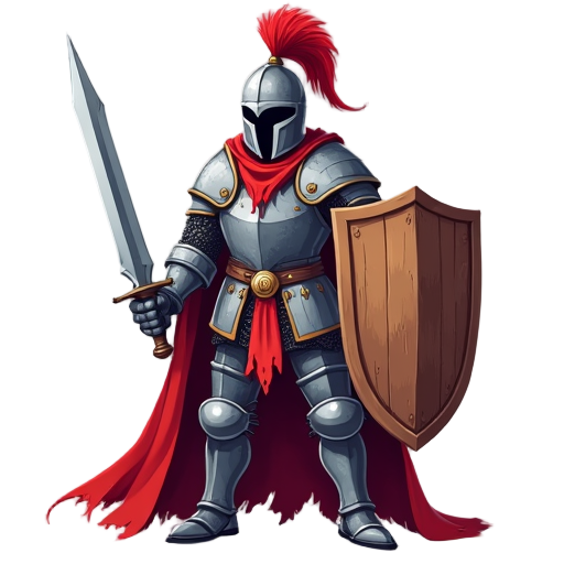 a medieval knight in full steel armor with a red tattered cape, helmet with red plume, holding a wooden shield and sword
