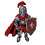 a medieval knight in full steel armor with a red tattered cape, helmet with red plume, holding a wooden shield and sword