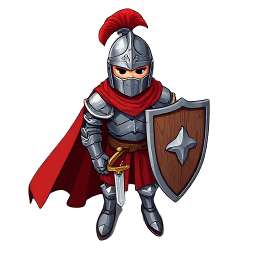 a medieval knight in full steel armor with a red tattered cape, helmet with red plume, holding a wooden shield and sword