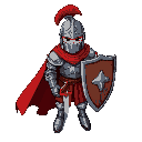 a medieval knight in full steel armor with a red tattered cape, helmet with red plume, holding a wooden shield and sword