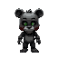 um animatronic de five night at freddy, urso com cor branca com olhos verdes olha pra frentes 