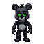 um animatronic de five night at freddy, urso com cor branca com olhos verdes olha pra frentes 