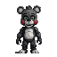 um animatronic de five night at freddy, urso com cor branca com olhos verdes olha pra frentes 
