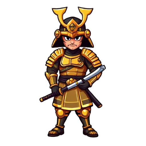 create a pixelated samurai in golden armor and clothes with his sword in its sheath.