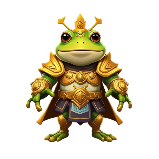 a humanoid frog wearing the golden armor of the god emperor. a frog with a goofy expression on his face, the armor should have a massive hand with large claws on the fingers, and in the other hand sho