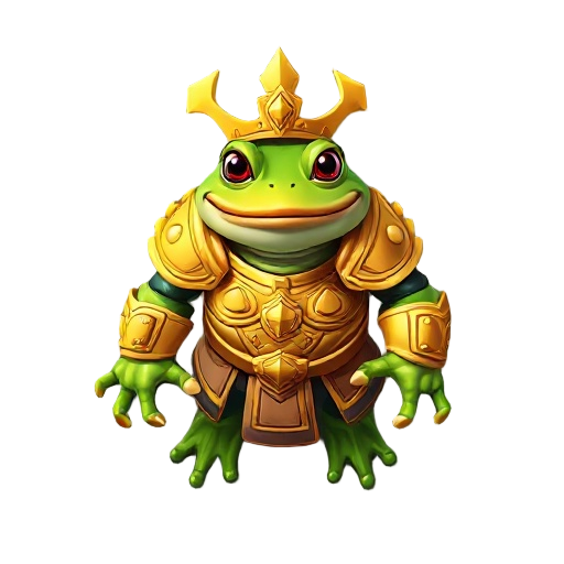  humanoid frog wearing the golden armor of the god emperor. a frog with a goofy expression on his face, the armor should have a massive hand with large claws on the fingers