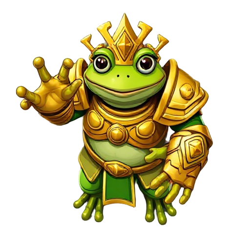 humanoid frog wearing the golden armor of the god emperor. a frog with a goofy expression on his face, the armor should have a massive hand with large claws on the fingers