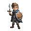 adventurer with sword and shield and a blue cape
