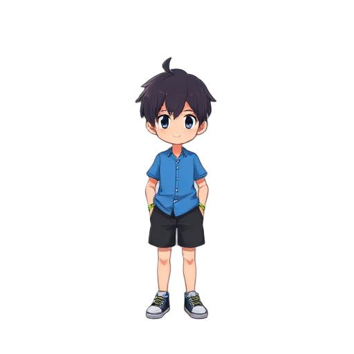anime wearing a blue shirt and black shorts, standing straight