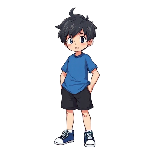 anime wearing a blue shirt and black shorts