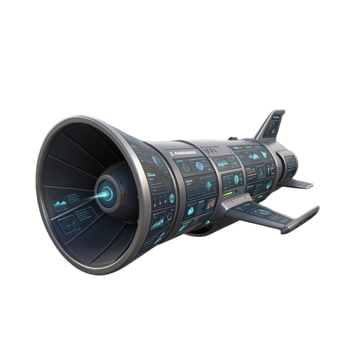 a high-tech, futuristic deep space reconnaissance probe named z-pathfinder. sleek and aerodynamic profile designed for speed, moving through a starfield. the ship features a very large, prominent parabolic radar dish integrated onto its nose section. the 