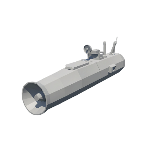 "mobile game-ready low-poly 3d model of the z-pathfinder space reconnaissance probe. minimalist geometric design with optimized topology and low vertex count. the structure features a sleek, elongated hull with a distinct, large parabolic radar dish on th