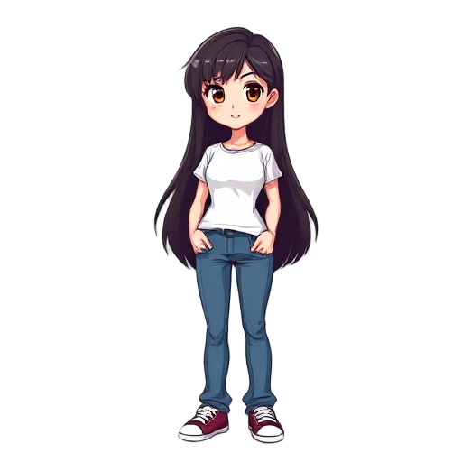 i want you to create a character for a 2d platform game in 32 x 32 pixels. it will be a teenage girl between 13 and 15 years old. i want her to have long, dark hair, brown eyes, and white skin (skin tone). i want her to have an anime style. the outfit cou