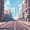 large semi-futuristic street with a road in the middle and skyscrapers in the background