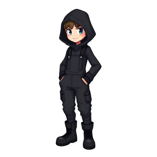 character in black overalls with a hood and black boots, full-length, without unnecessary details