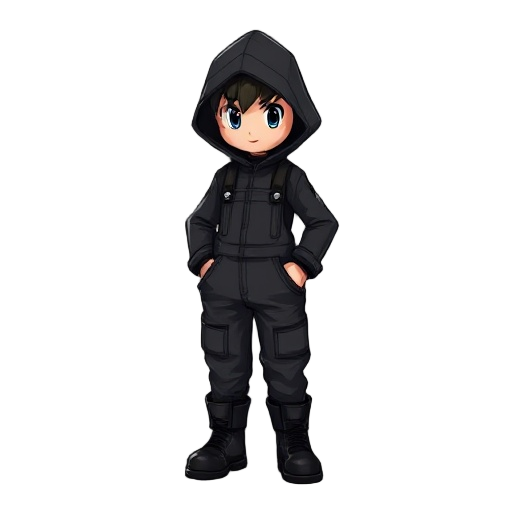 character in black overalls with a hood and black boots, full-length, without unnecessary details