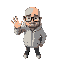 a bald man with thick black glasses in a light gray hoody waving
