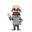 a bald man with thick black glasses in a light gray hoody waving