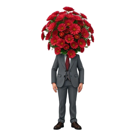 a man in a gray suit whose head and face is replaced by a bouquet of red flowers, retro wolfenstein 3d style. he is standing with his arms at his sides