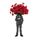 a man in a gray suit whose head and face is replaced by a bouquet of red flowers, retro wolfenstein 3d style