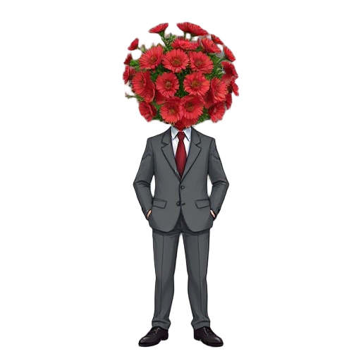 a man in a gray suit whose head and face is replaced by a bouquet of red flowers